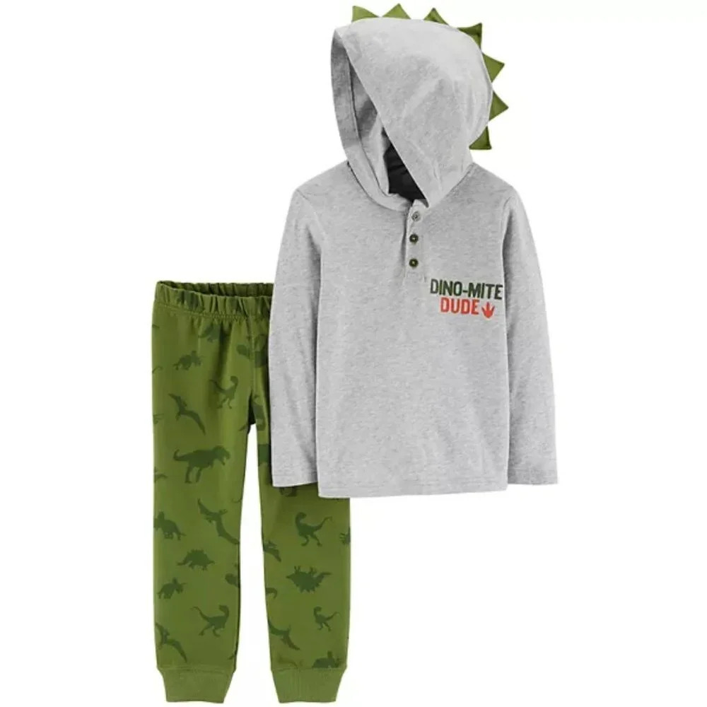 Carter's Baby Boy Dino 3-D Spikes Hooded Henley Top & Jogger Pant Set in Size 9M